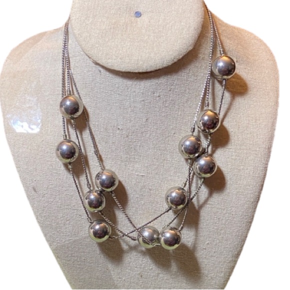 Silver Marked 835 Ball Beads Station Necklace 3 Strand Rope Chain 17”